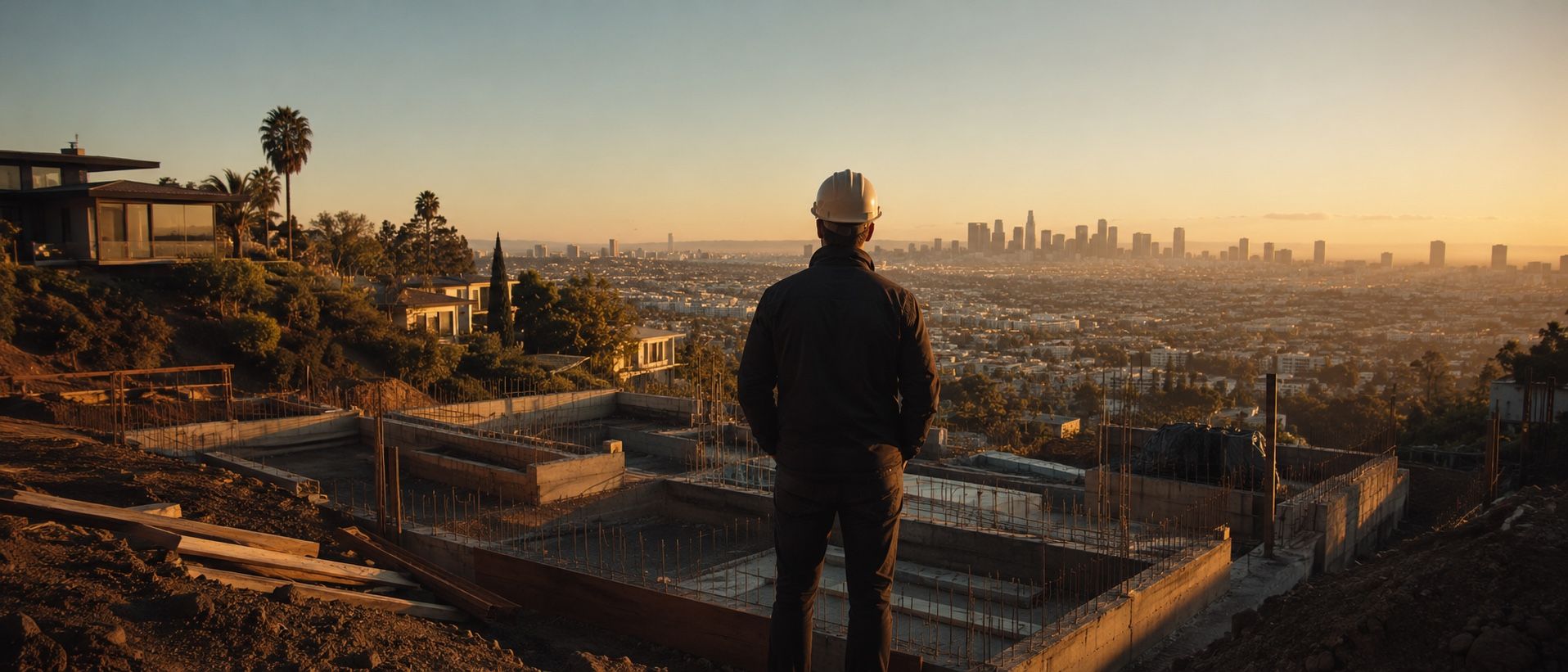 A builder on a hillside construction site