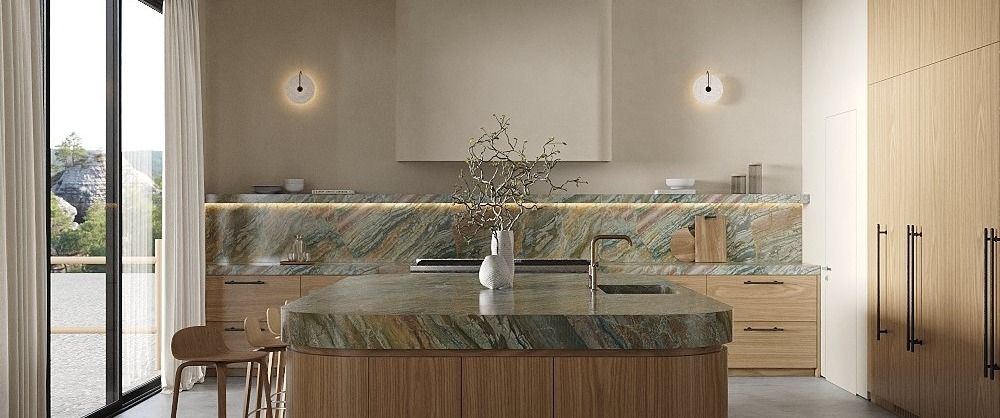 Bel Air custom home — kitchen with green-marble island, architectural rendering