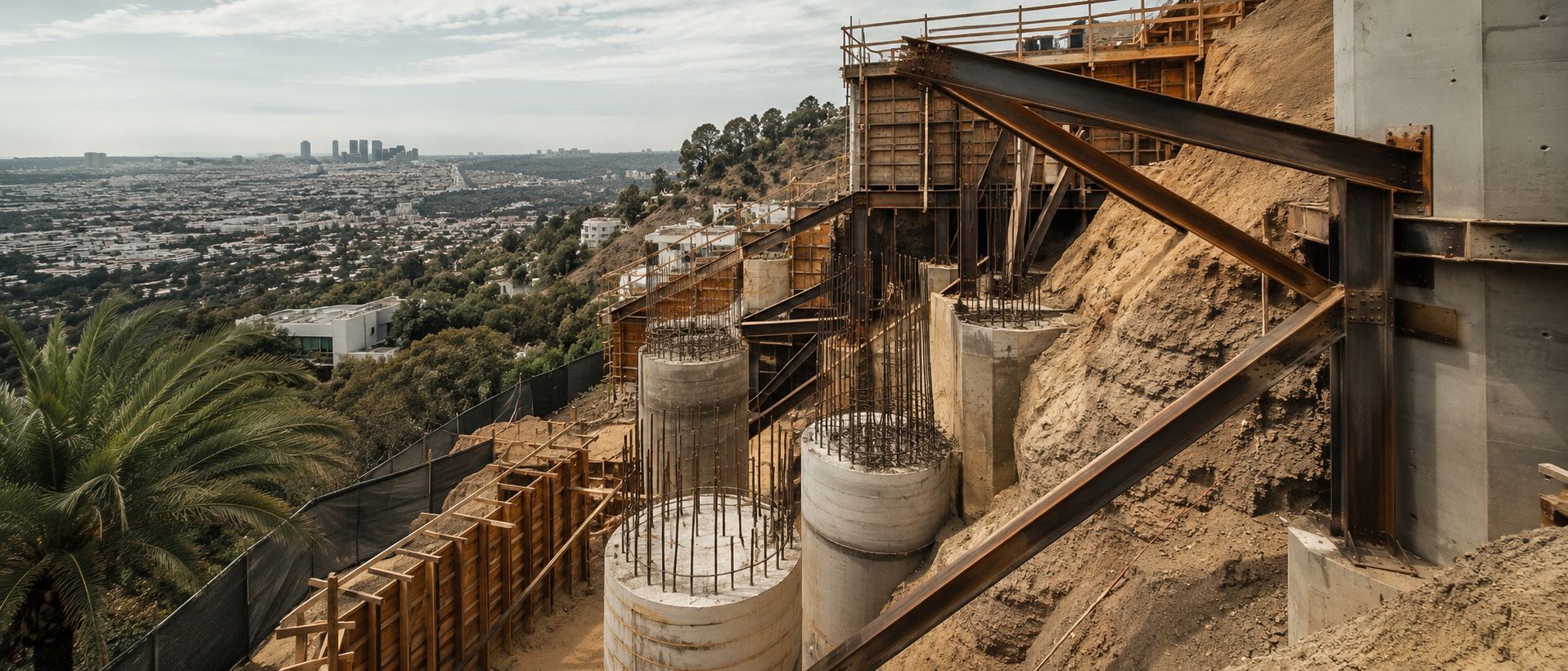Caisson and shoring work on a hillside lot