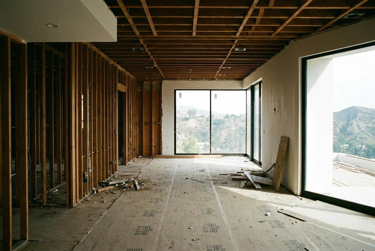 Interior of a house during a major remodel, with open framing and protected floors.